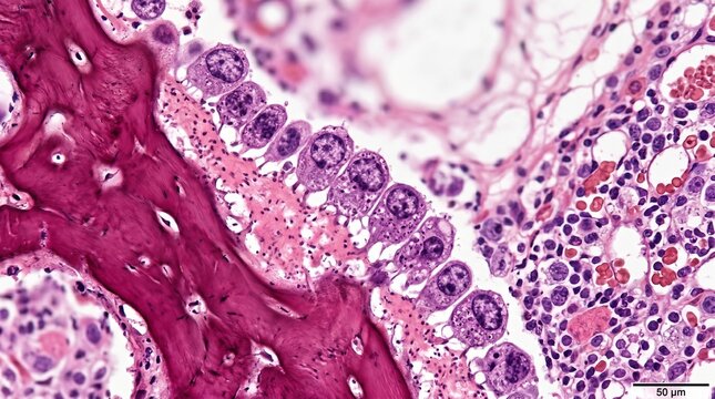 Histology of bone marrow showing hematopoietic cells and bone spicules, close-up view