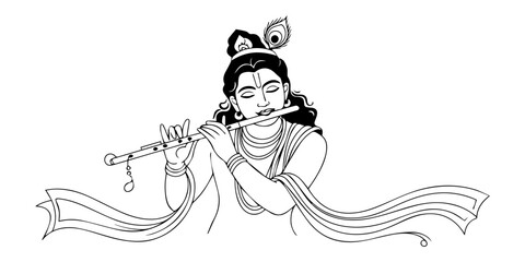 Lord Krishna Playing Flute Continuous One Line Drawing Hindu God Vector Illustration, Elegant Line Art Drawing of Krishna Playing a Flute, Lord krishna playing the flute minimalist style concept. © Gerish