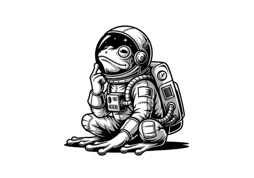 An anthropomorphic frog in an astronaut suit sitting with a thoughtful pose