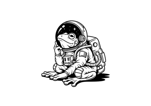 An anthropomorphic frog dressed as an astronaut, sitting with one hand on its chin