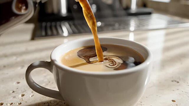 Freshly brewed coffee pouring into a white ceramic mug in the morning.