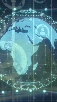 Vertical video: On data refresh teal holo globe rotating west, pulsing nodes visualizing trends