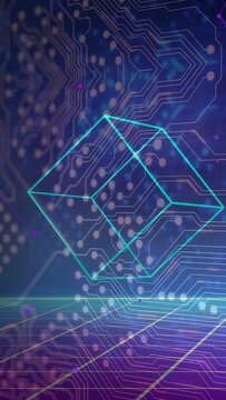 Vertical video: On load, cyan wireframe cube appearing, rotating and drifting over neon grid