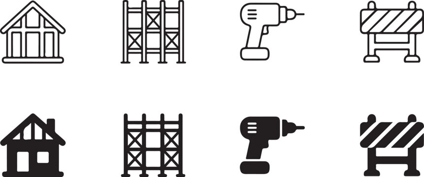 Construction and building icons including house scaffolding drill barrier with power tool construction worker flat design construction building scaffolding structure roadblock industry