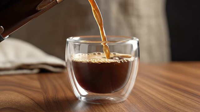 Freshly brewed coffee pouring into a glass cup on a wooden table.