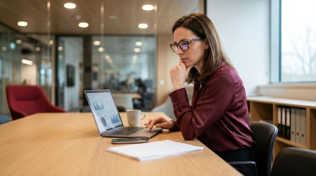 Young professional it specialist latin hispanic business lady working on laptop pc sitting at desk in modern office space. Focused middle eastern indian woman using computer technology for work online