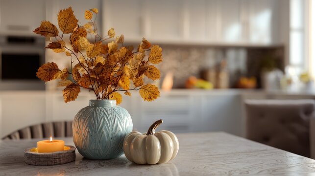 Autumn kitchen centerpiece with ceramic pumpkin, blue vase of fall leaves and lit candle on table