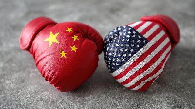 Two Boxing Gloves, One Representing China and the Other the USA, Symbolizing International Trade Relations