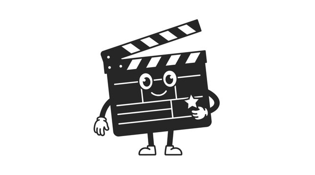 Cute cartoon film clapperboard character holding a star icon.
