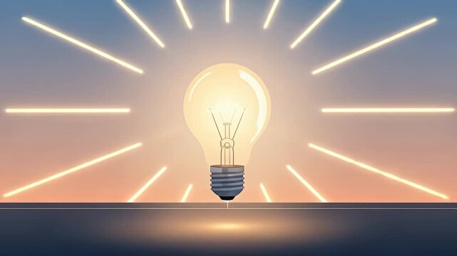 Illuminated lightbulb illustration with radiant glow on a desk against a gradient sky
