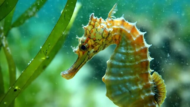 Close-up of a seahorse swimming gracefully among vibrant green seagrass underwater.
