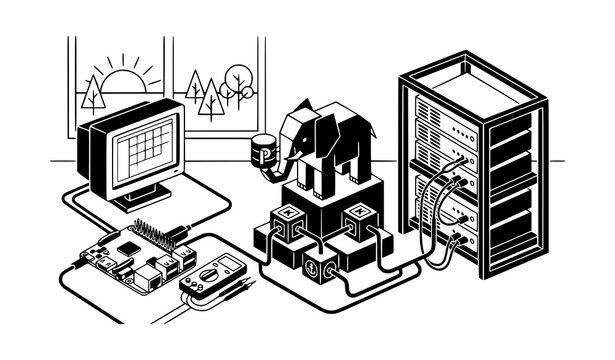 ​Server Rack and Database Infrastructure Concept Vector Illustration in Flat Line Art Style featuring PHP Elephant, Hardware Components, and Network Connections.