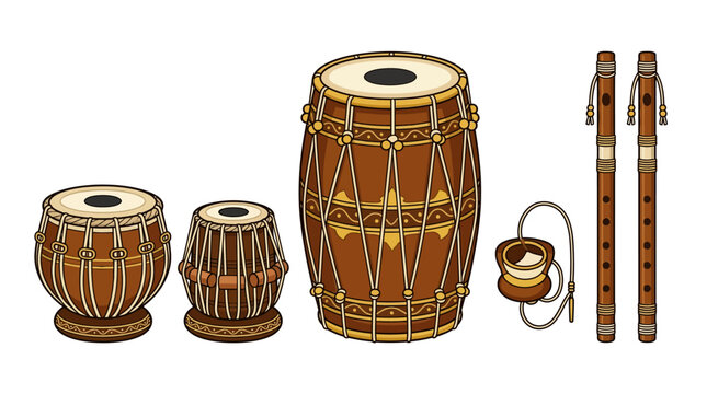 Set of Traditional Indian Musical Instruments Including Tabla Dholak and Flute.