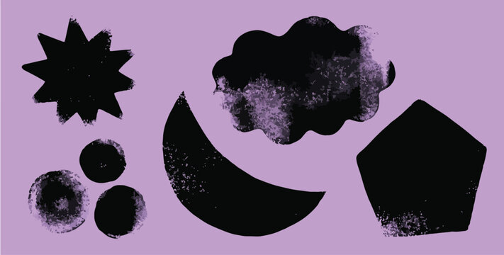 Hand drawn grunge linocut long shapes and bold stripes set. Vector old graphic dark imprints. Monotype printmaking effect texture on light purple bg. Distressed damaged edges vertical shapes set