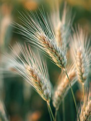 Fototapeta premium Close up macro shot of ripe golden barley ears glowing in warm sunlight on a summer evening field