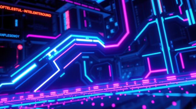 Abstract neon lines form complex digital structure. Futuristic design with glowing pink, blue elements against dark background.