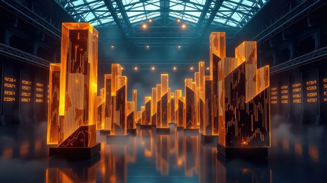 Futuristic cityscape glows within vast hall. Orange structures resemble buildings, data streams visible. Fog covers floor, creating dramatic effect.