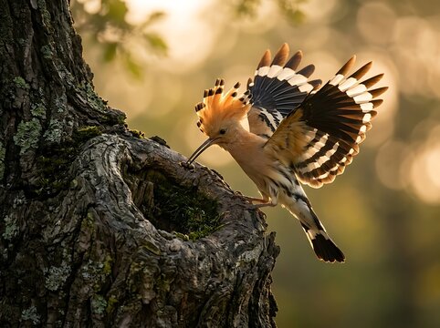 Eurasian hoopoe bird landing at tree nest