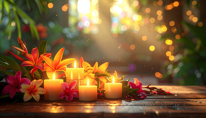 Ascension Day Celebration with Candles and Tropical Flowers, Religious Ambiance