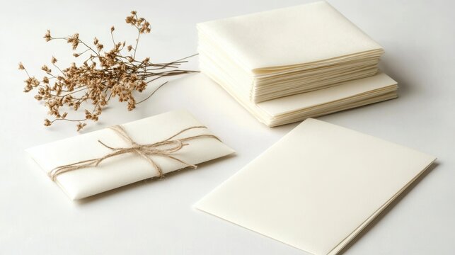 Stack of blank paper, envelope, dried flowers on white background.