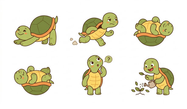 Cute Turtle Character Vector Set Featuring Turtles in Various Poses Walking, Thinking, and Playing for Playful and Whimsical Illustrations