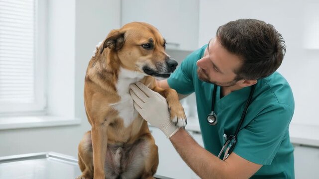 A dedicated male veterinarian in green medical scrubs comforts a nervous brown dog on an examination table during a routine pet health checkup at a professional animal hospital clinic.