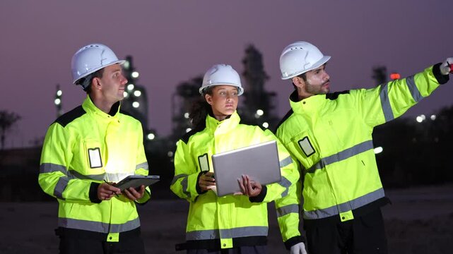 Construction team collaborating at sunset industrial zone teamwork evening action-oriented concept