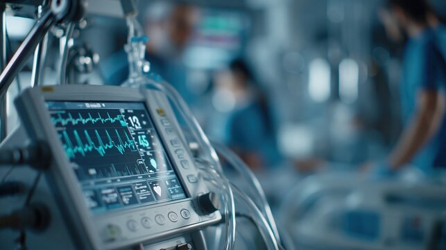 Close up of a modern ICU monitor displaying patient vital signs and heart rate with blurred medical staff in the background