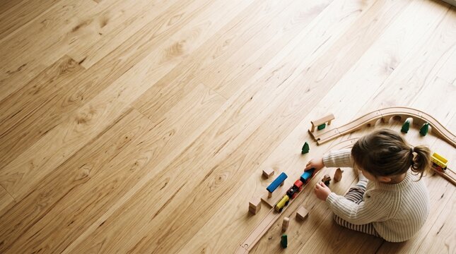 A young child plays with a toy train on a polished wooden floor, creating a scene of childhood innocence and imaginative play