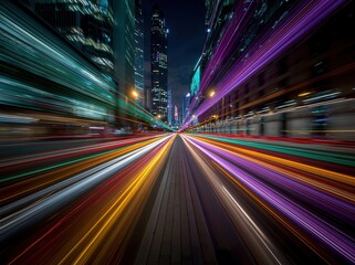 Obraz premium Vibrant streaks of light from car trails illuminate a futuristic, blurred cityscape at night