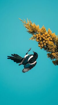 Eurasian magpie flying near a coniferous tree