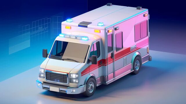 A sleek isometric ambulance with glowing emergency lights in a digital void, capturing modern medical emergency services and technology in a high quality 3D render style for professional use.