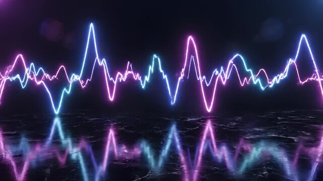Abstract Neon Sound Waveform Visualization with Reflections.