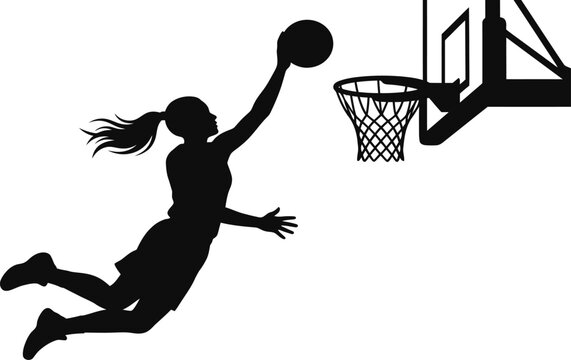 Female basketball player jumping for layup silhouette.
