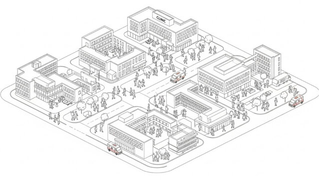Isometric Healthcare City Infrastructure with Clinics Emergency Routes and CAD Blueprint Line Drawings