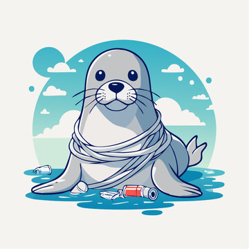 Seal entangled in plastic pollution in the ocean