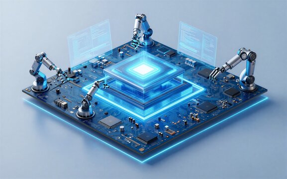 Robotic arms assemble glowing chip on futuristic circuit board