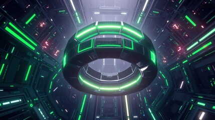 Fototapeta premium Futuristic tunnel interior. Bright neon lights illuminate complex geometric structures. Dark background emphasizes glowing green, purple details.