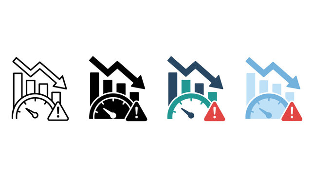 Four icons show speedometers and graphs with warning signs and arrows