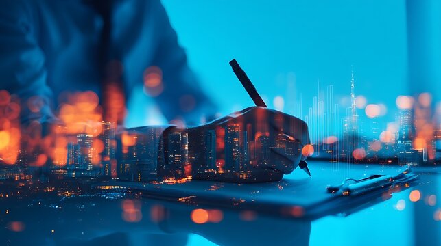 A double exposure image of a person writing, overlaid with a glowing cityscape and digital data visualization in blue and orange tones.