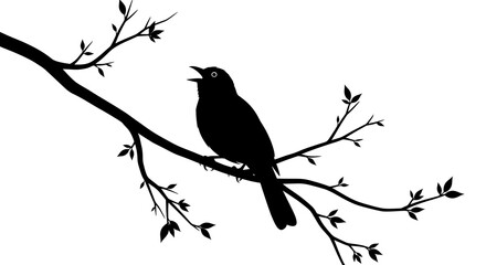 Obraz premium Bird silhouette perched on branch with leaves black and white illustration