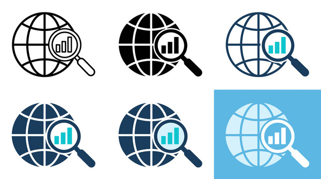 A collection of globe icons with magnifying glasses showing various graphs.