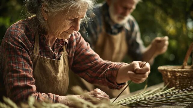 Elderly couple weaves willow baskets outdoors. Senior woman plaits reeds meticulously. Old man assists in lush garden. Wrinkled hands craft traditionally. Rustic retirement hobby activity.