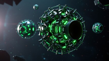 Fototapeta premium Futuristic spheres float amid dark space. Complex metallic structures glow vibrant green. Mysterious technology suggests advanced civilization.