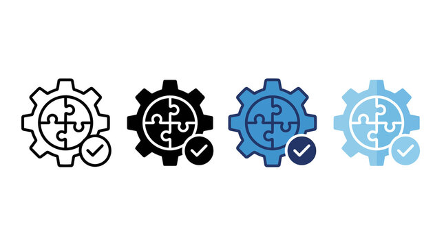 A set of four gear icons with puzzle pieces and checkmarks are shown