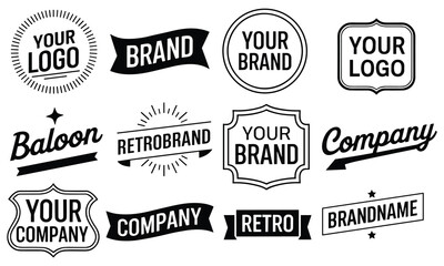 Fototapeta premium Twelve professional retro logo badges and vintage labels arranged on a bright white background for classic brand design.