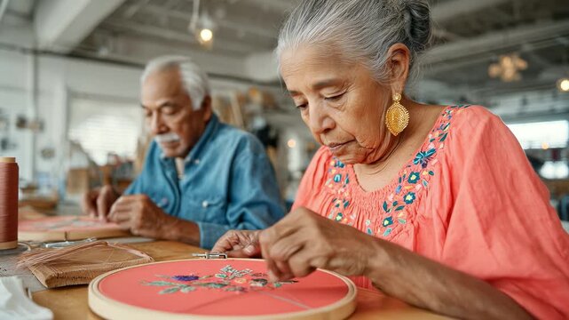 Elderly woman embroiders calmly. Senior couple crafts together. Mature hands stitch flowers. Home workshop retirement hobby. Warm indoor light.