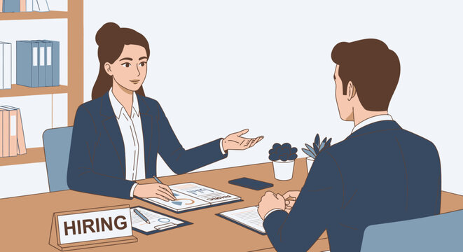 HR manager interviewing male candidate at desk with hiring sign