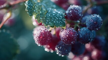 Obraz premium Close-up of Ripe Red Grapes Covered in Dew Drops on a Vine