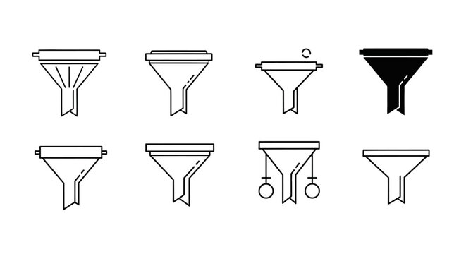 Set of eight funnel filter icons for data sorting and web interface